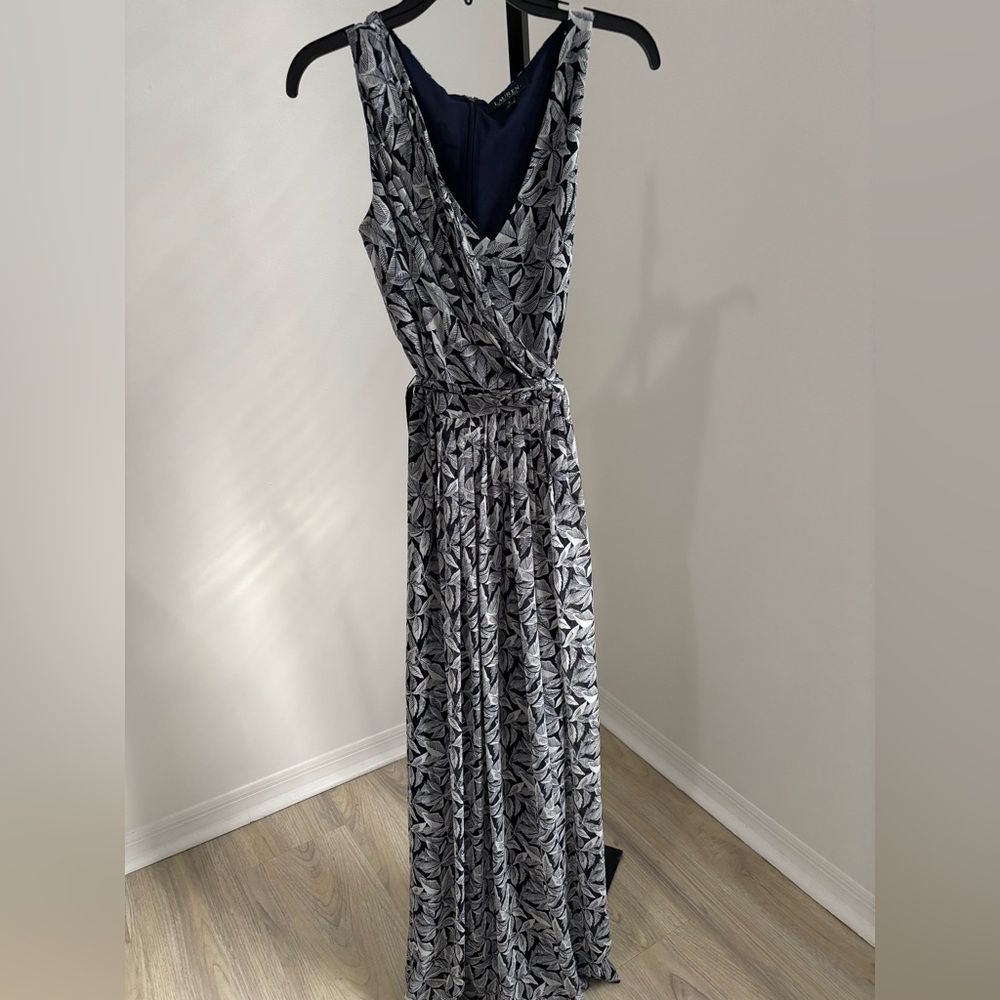 Lauren Ralph Lauren Navy and White Leaf Maxi Dress